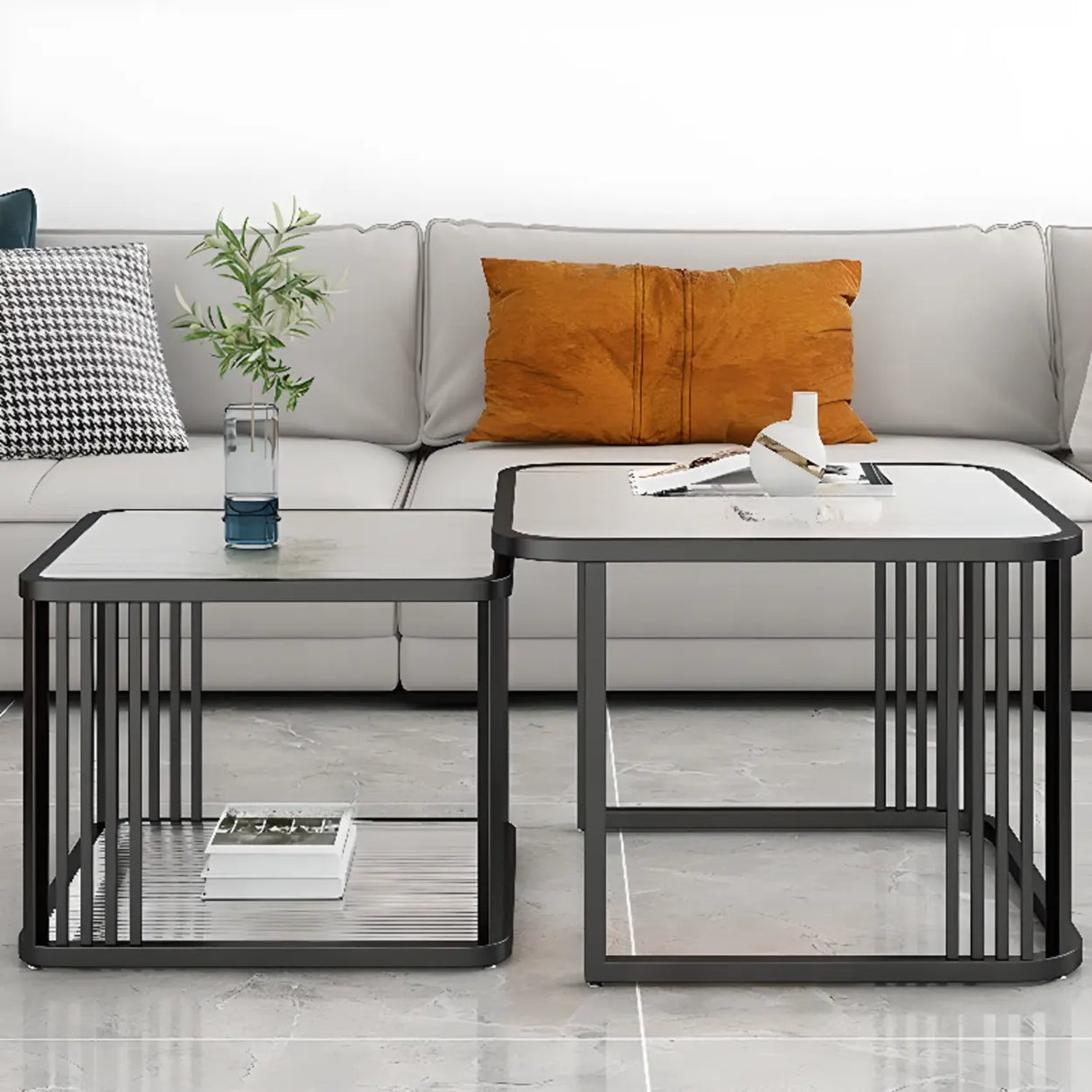 Small Glass Square Top White Metal Frame Coffee Table Image - 8