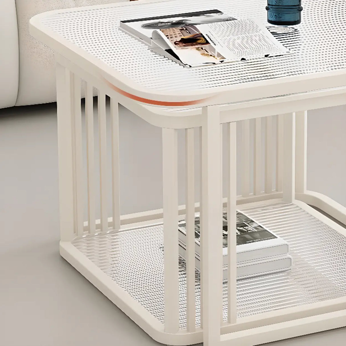 Small Glass Square Top White Metal Frame Coffee Table Image - 9