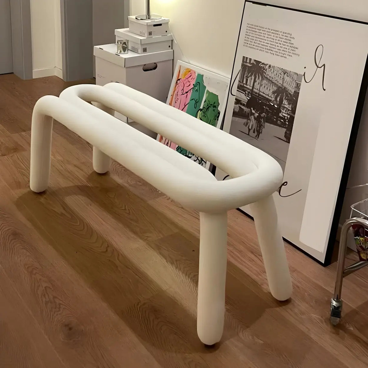 Small Length Upholstered White Bedroom Bench with Legs Image - 4