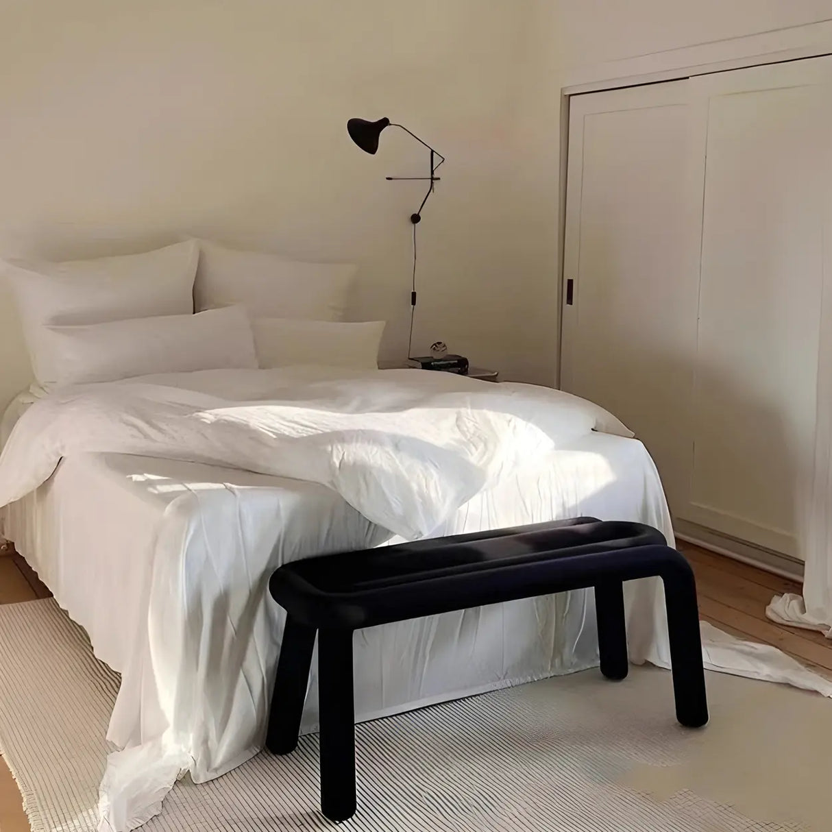 Small Length Upholstered White Bedroom Bench with Legs Image - 6