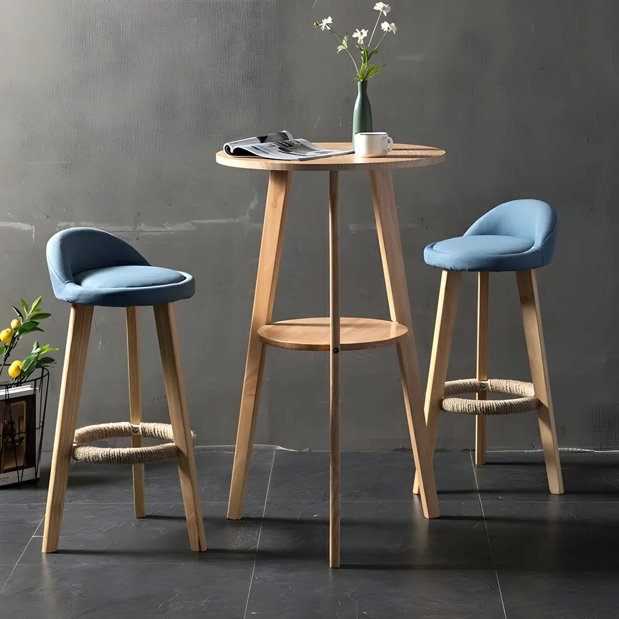 Small Natural Round Wooden Bar Table with Storage Image - 13