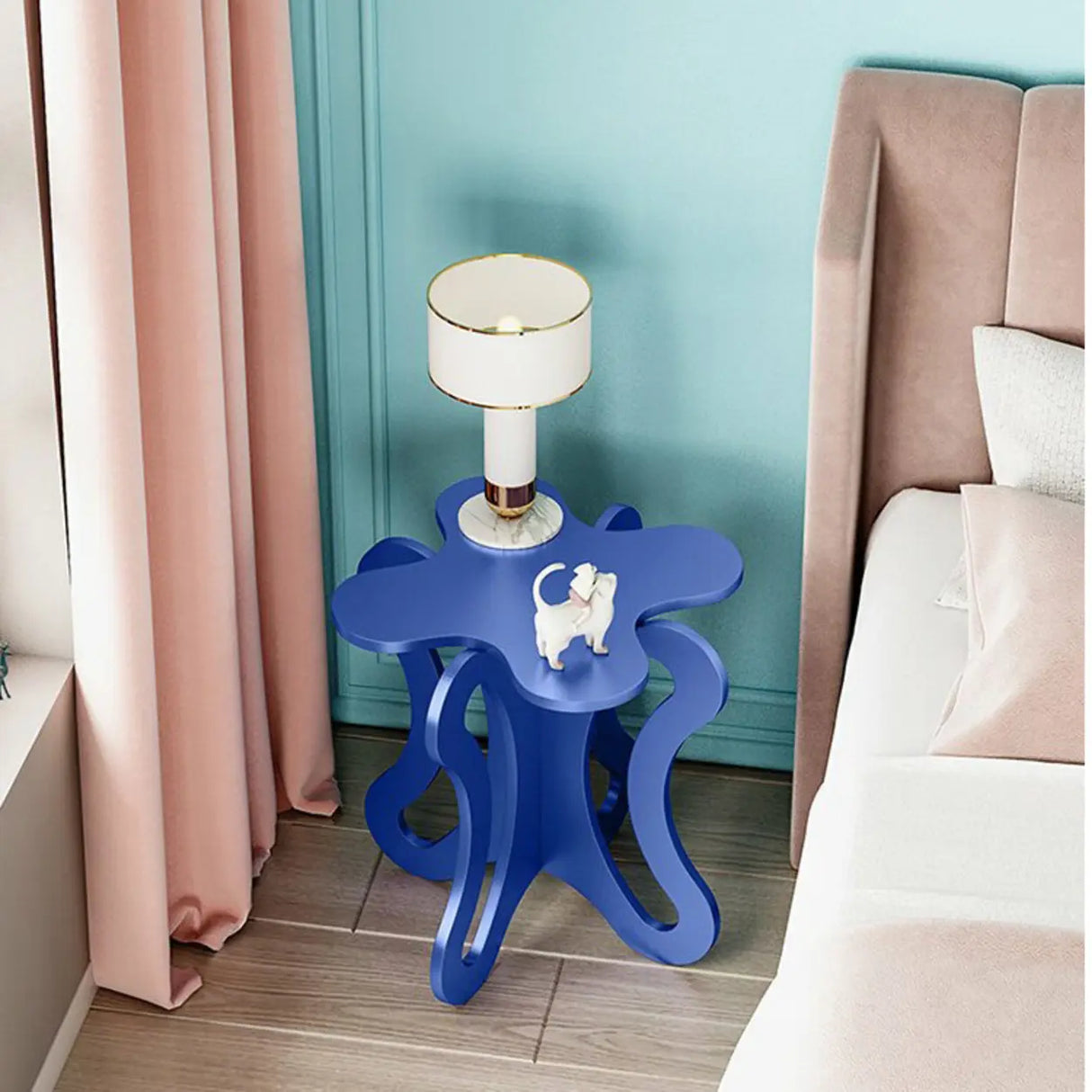 Small Pink Wood Free Form Coffee Table with Cross Legs Image - 16