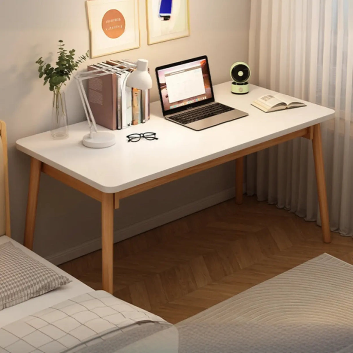 Small Rectangular Natural Wooden Writing Desk Image - 2