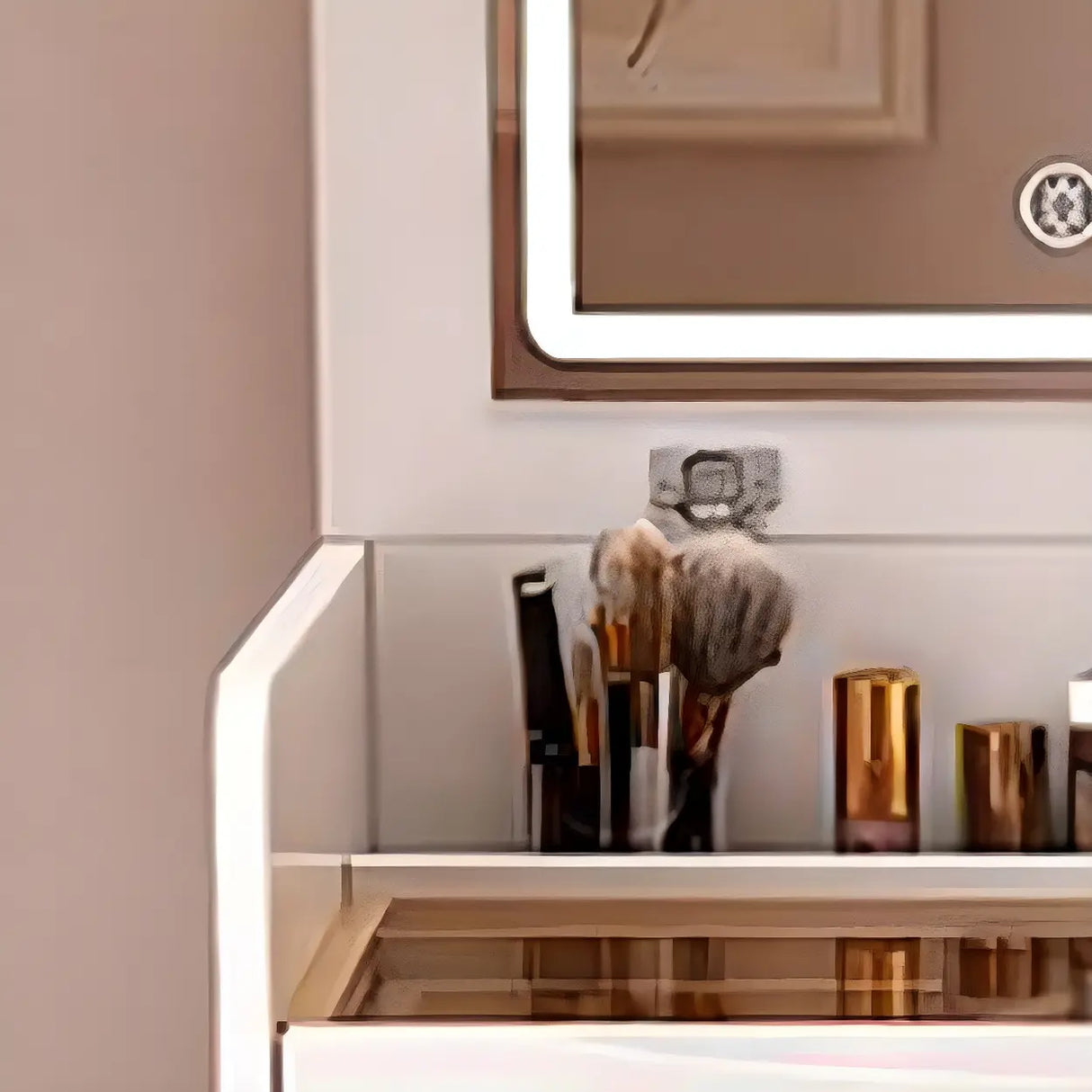 Small White Glass Top Wood Makeup Vanity with Drawers Image - 10