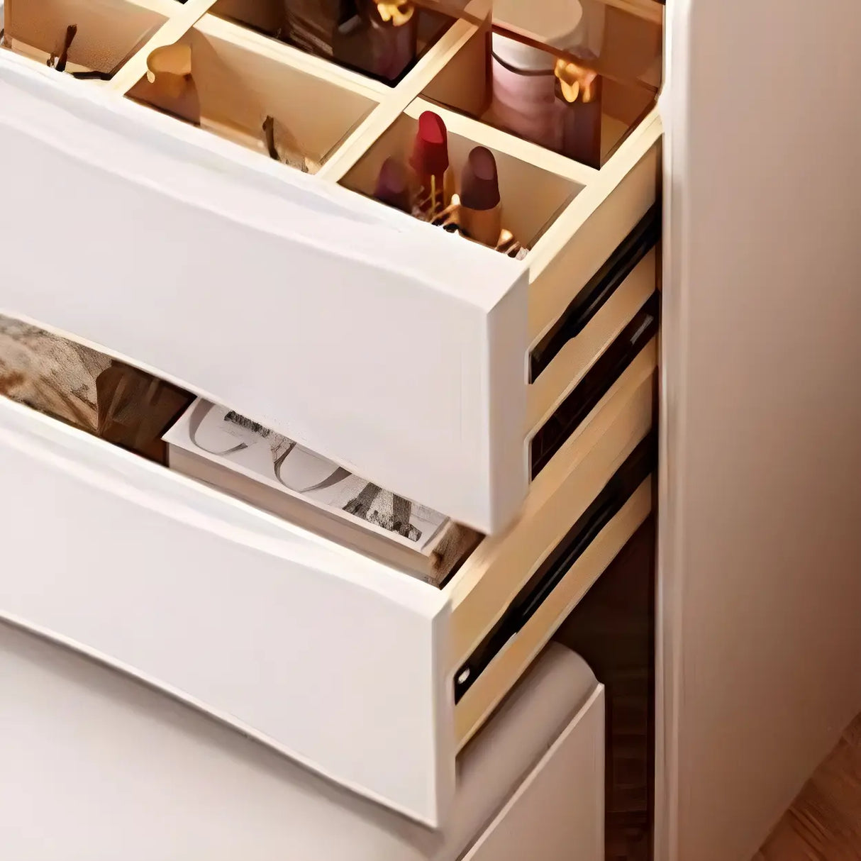 Small White Glass Top Wood Makeup Vanity with Drawers Image - 12