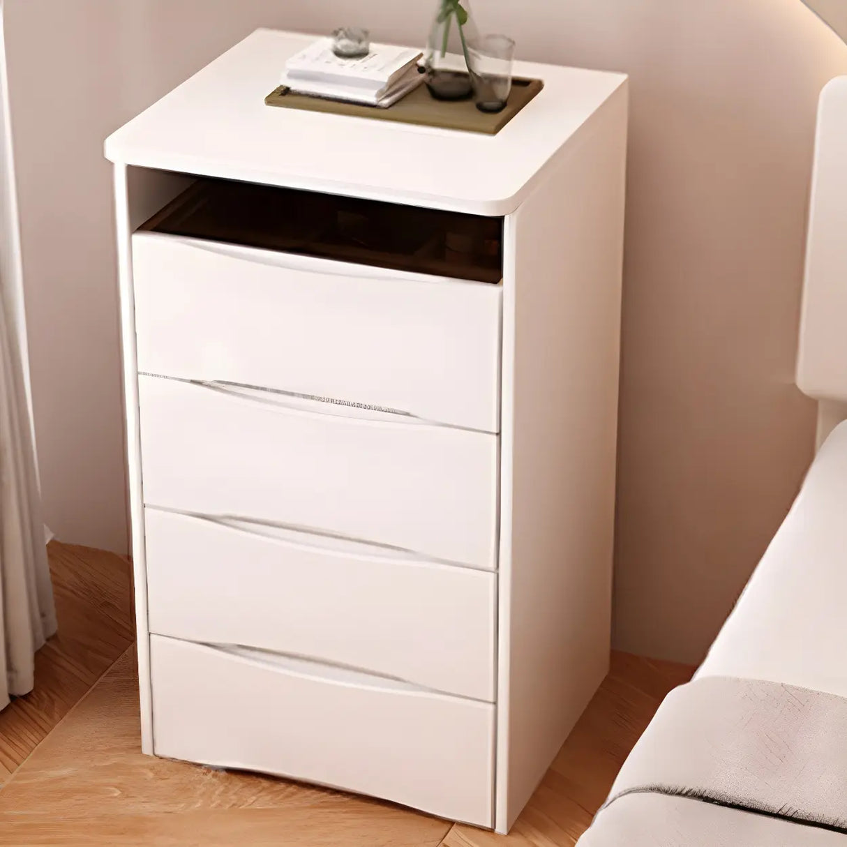 Small White Glass Top Wood Makeup Vanity with Drawers Image - 14