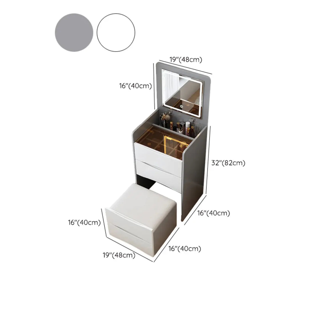 Small White Glass Top Wood Makeup Vanity with Drawers