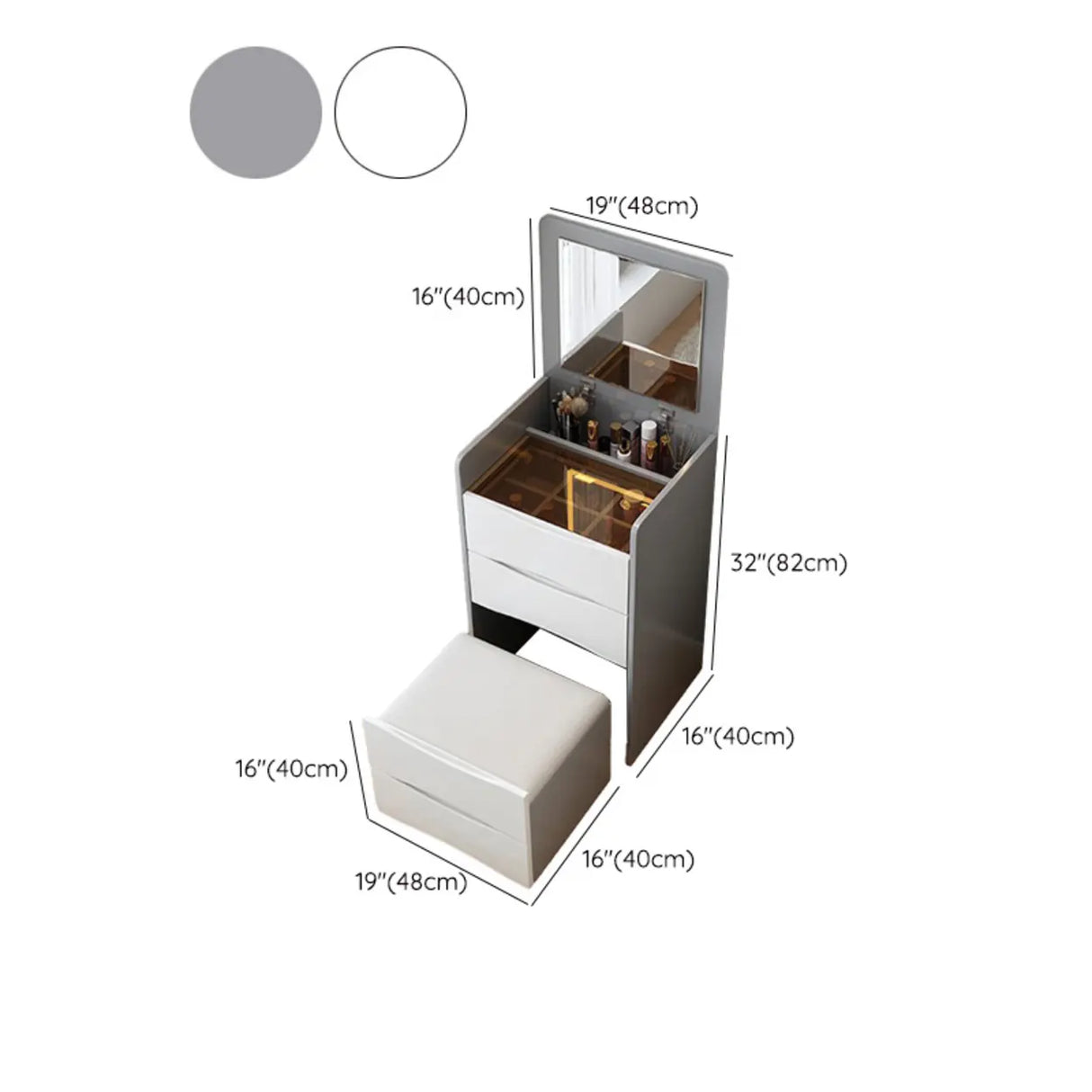 Small White Glass Top Wood Makeup Vanity with Drawers Image - 16