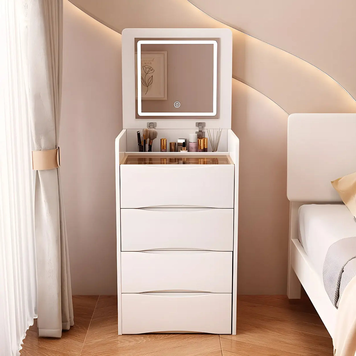 Small White Glass Top Wood Makeup Vanity with Drawers Image - 1