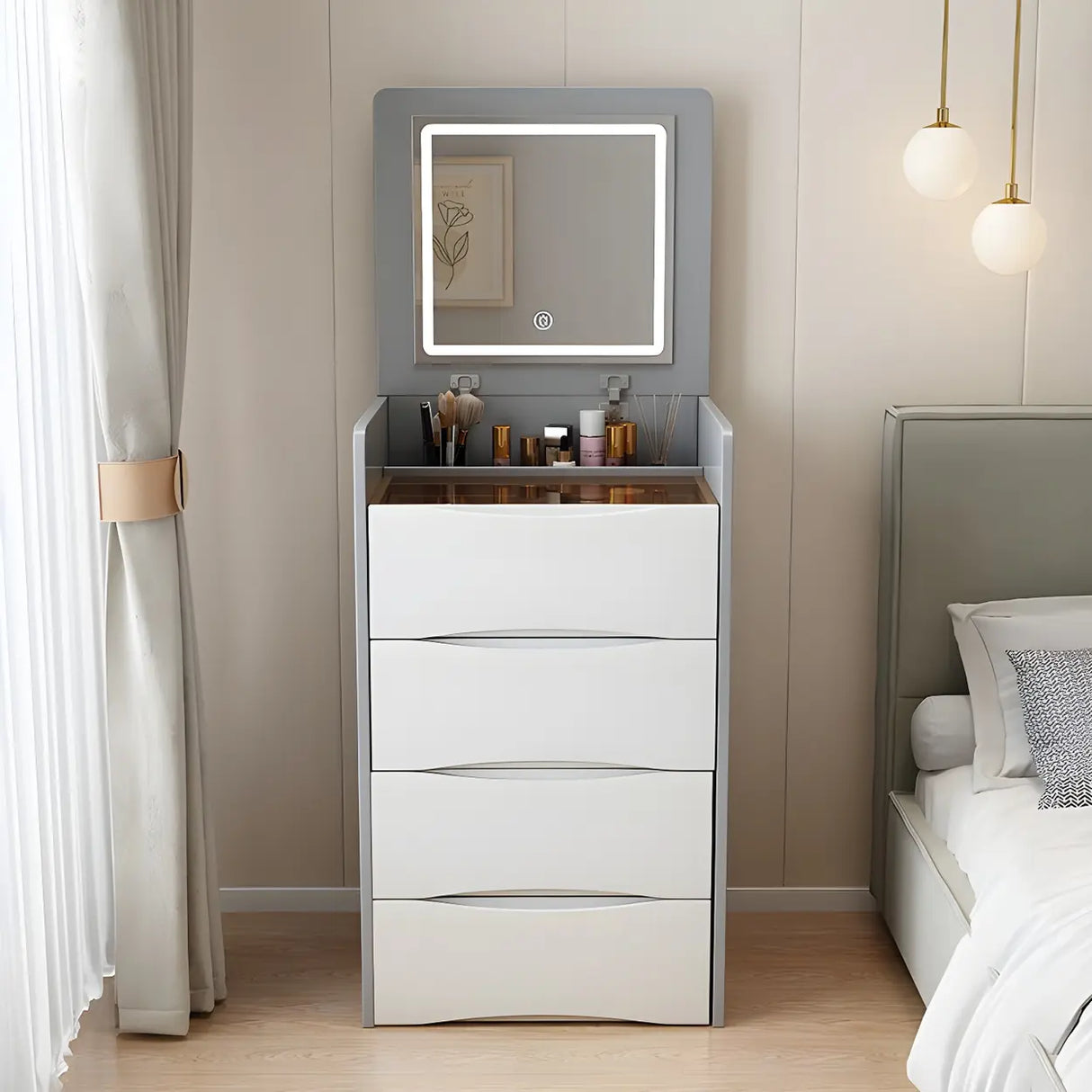 Small White Glass Top Wood Makeup Vanity with Drawers Image - 4