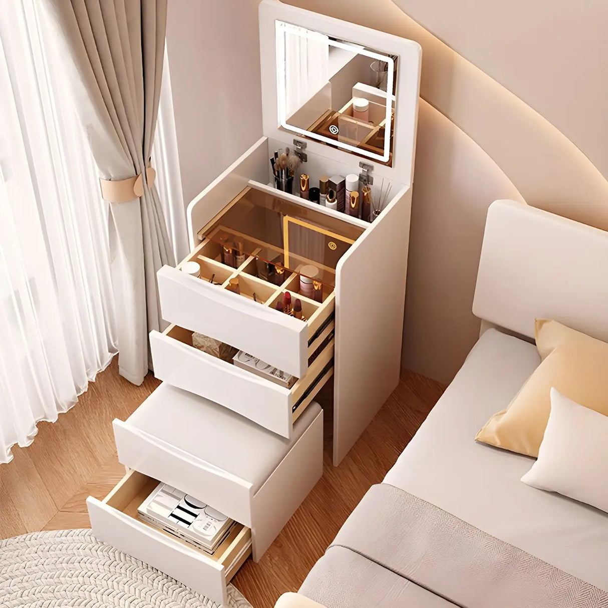 Small White Glass Top Wood Makeup Vanity with Drawers Image - 6