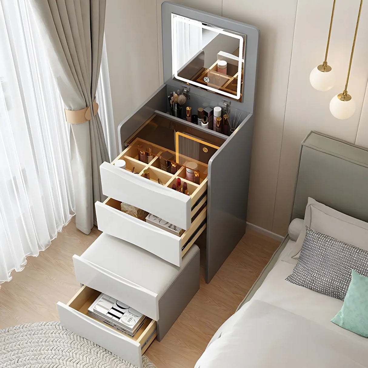 Small White Glass Top Wood Makeup Vanity with Drawers Image - 8