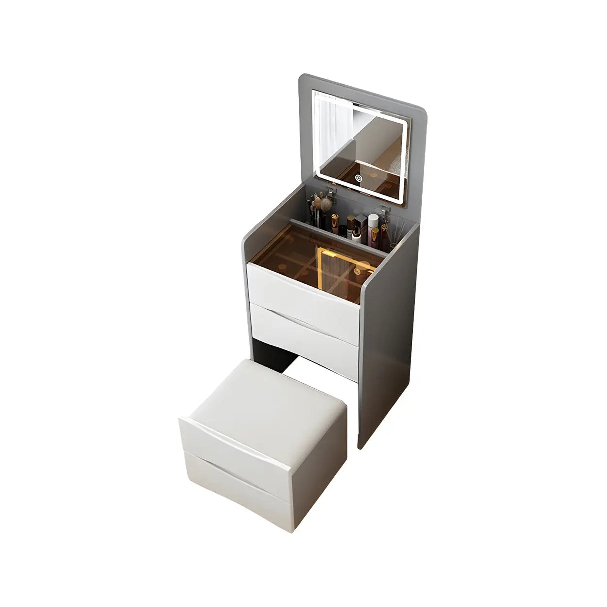 Small White Glass Top Wood Makeup Vanity with Drawers Image - 9