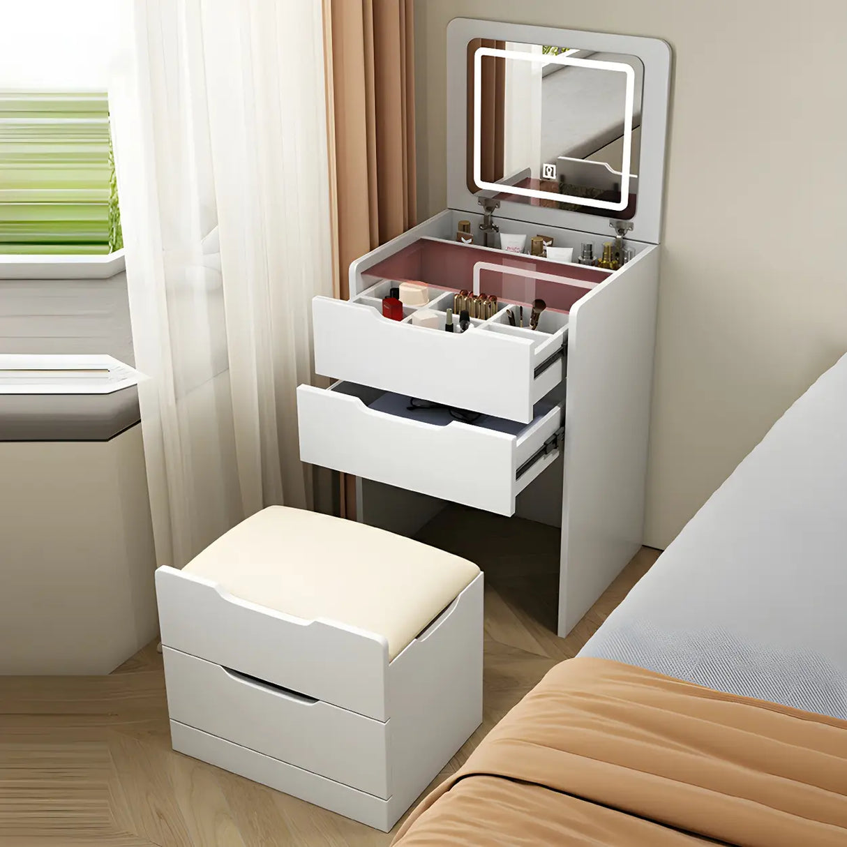 Small White Wood Makeup Vanity with Mirror and Drawers Image - 1
