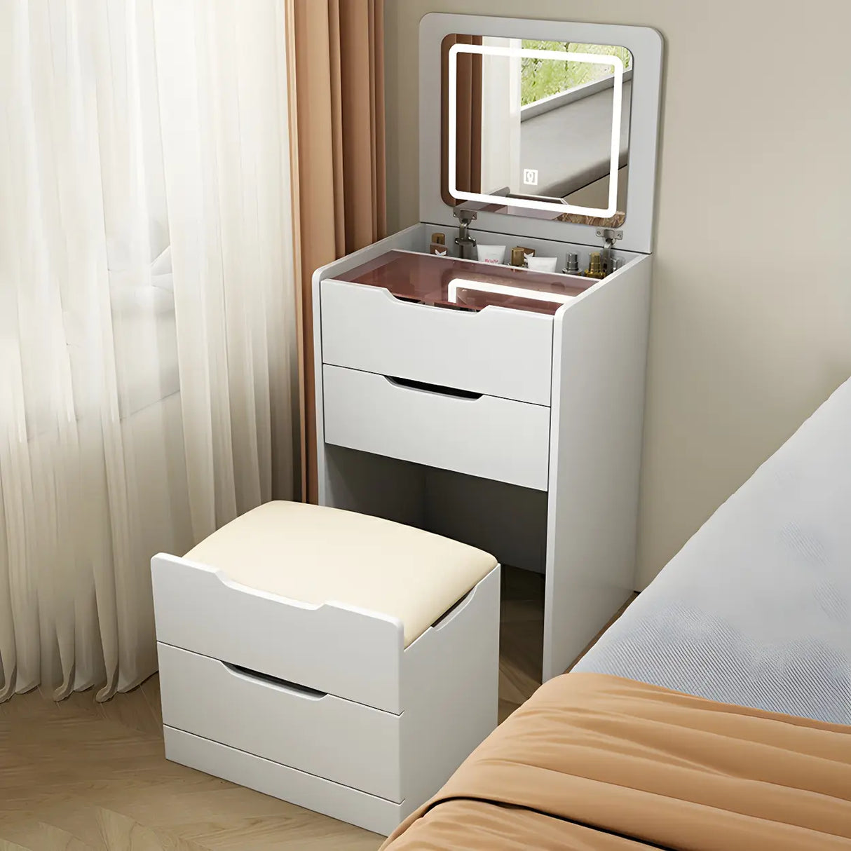 Small White Wood Makeup Vanity with Mirror and Drawers Image - 2