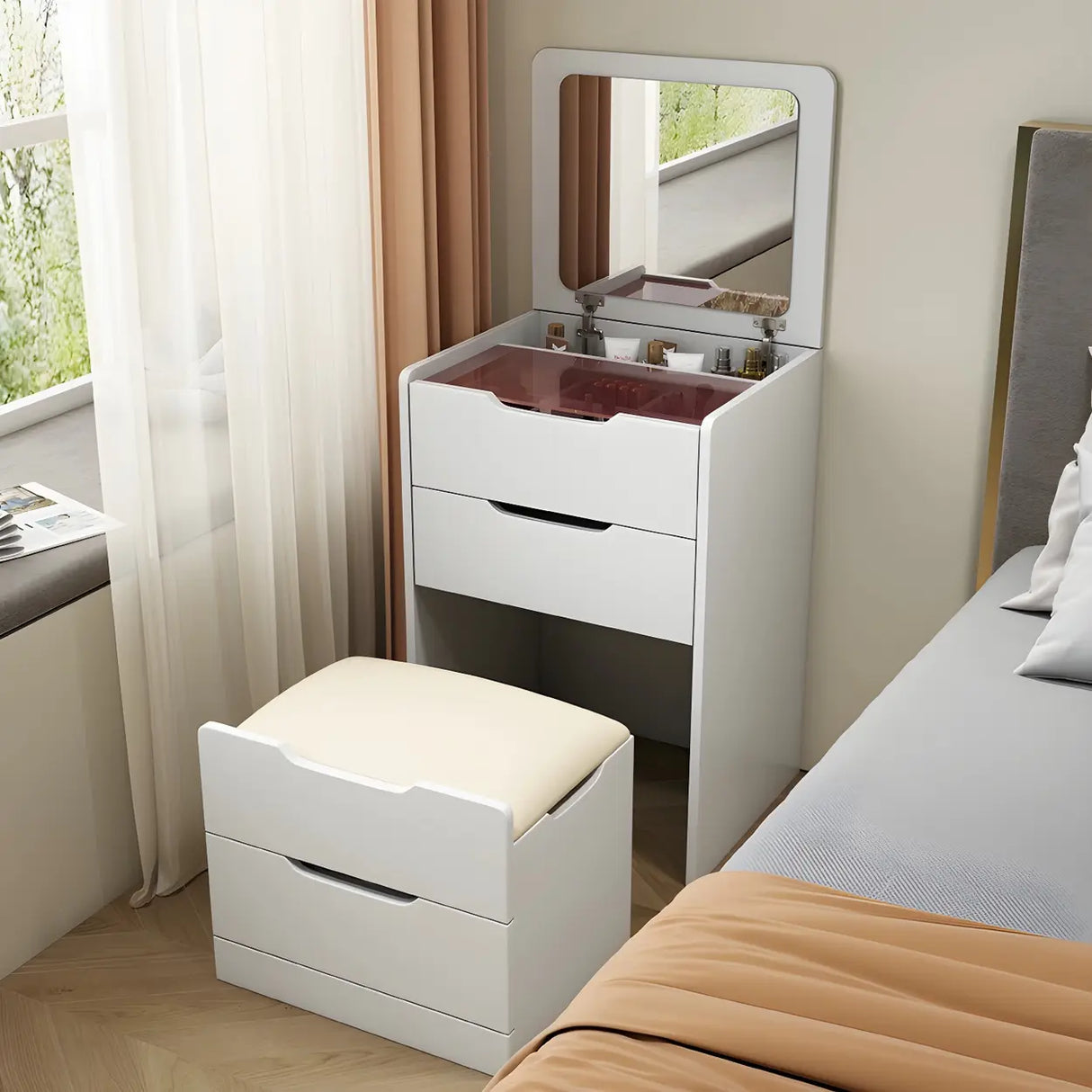 Small White Wood Makeup Vanity with Mirror and Drawers Image - 3