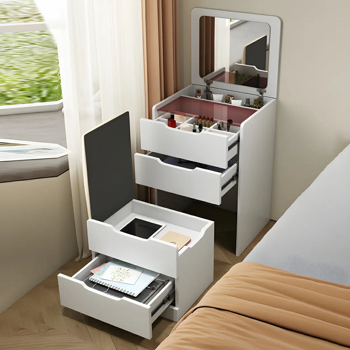 Small White Wood Makeup Vanity with Mirror and Drawers Image - 4