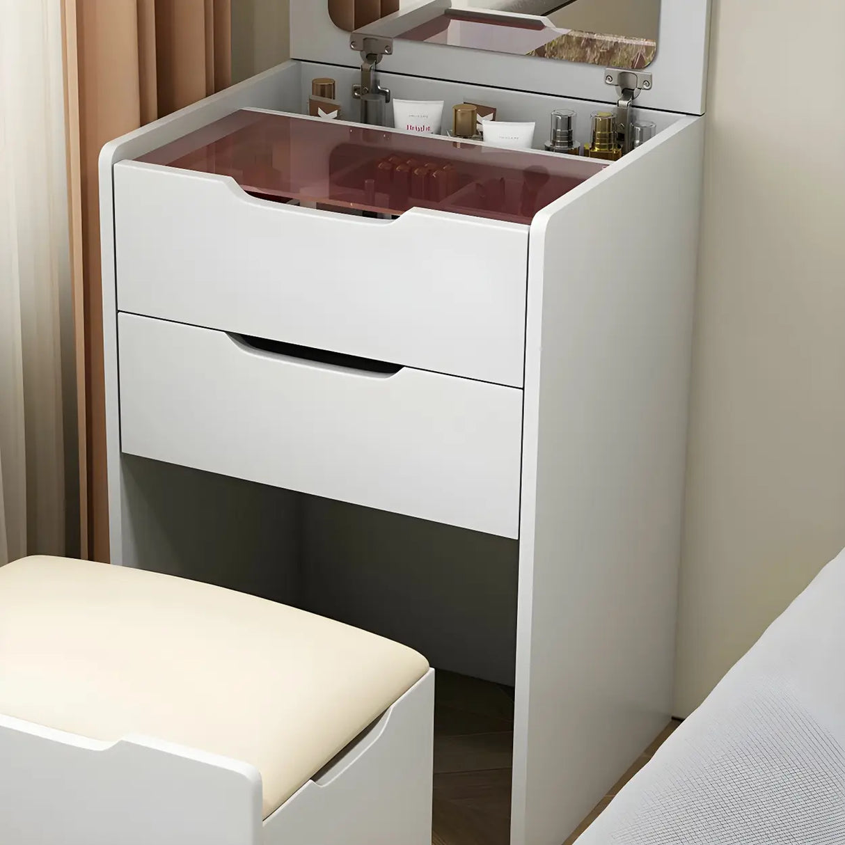 Small White Wood Makeup Vanity with Mirror and Drawers Image - 6