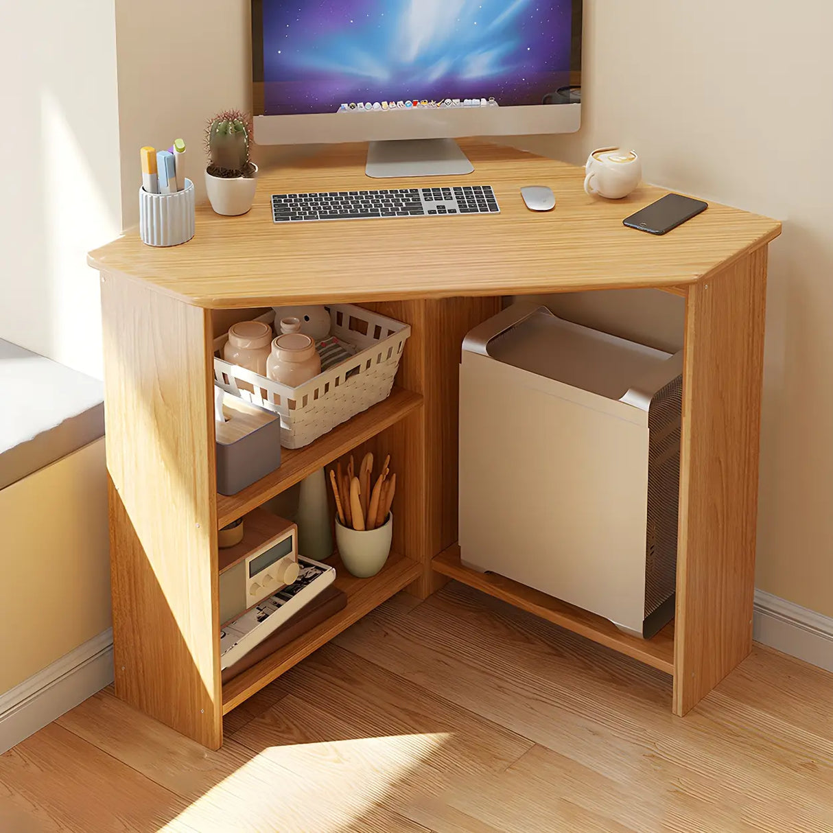 Small Wood Corner Computer Desk with Exterior Shelf Image - 10