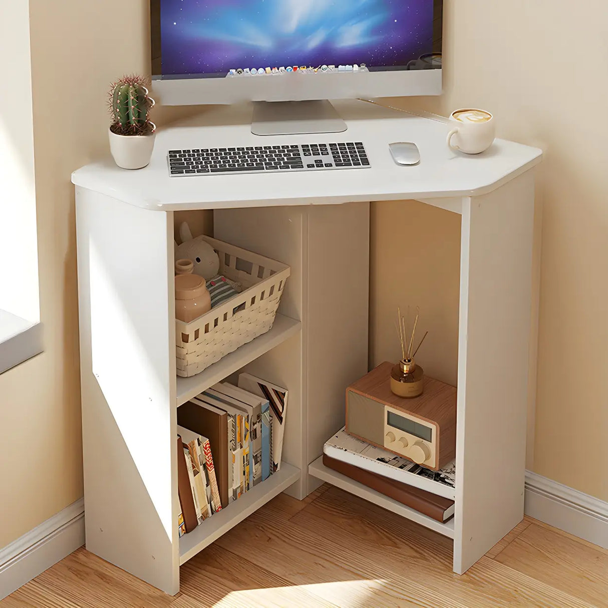 Small Wood Corner Computer Desk with Exterior Shelf Image - 1