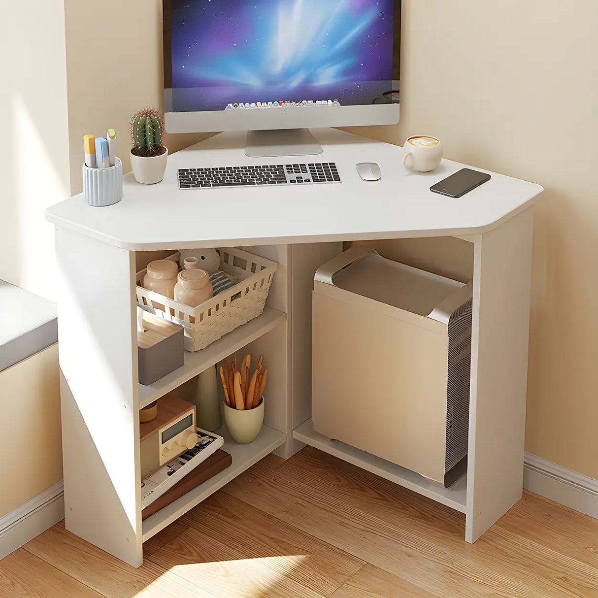 Small Wood Corner Computer Desk with Exterior Shelf Image - 2