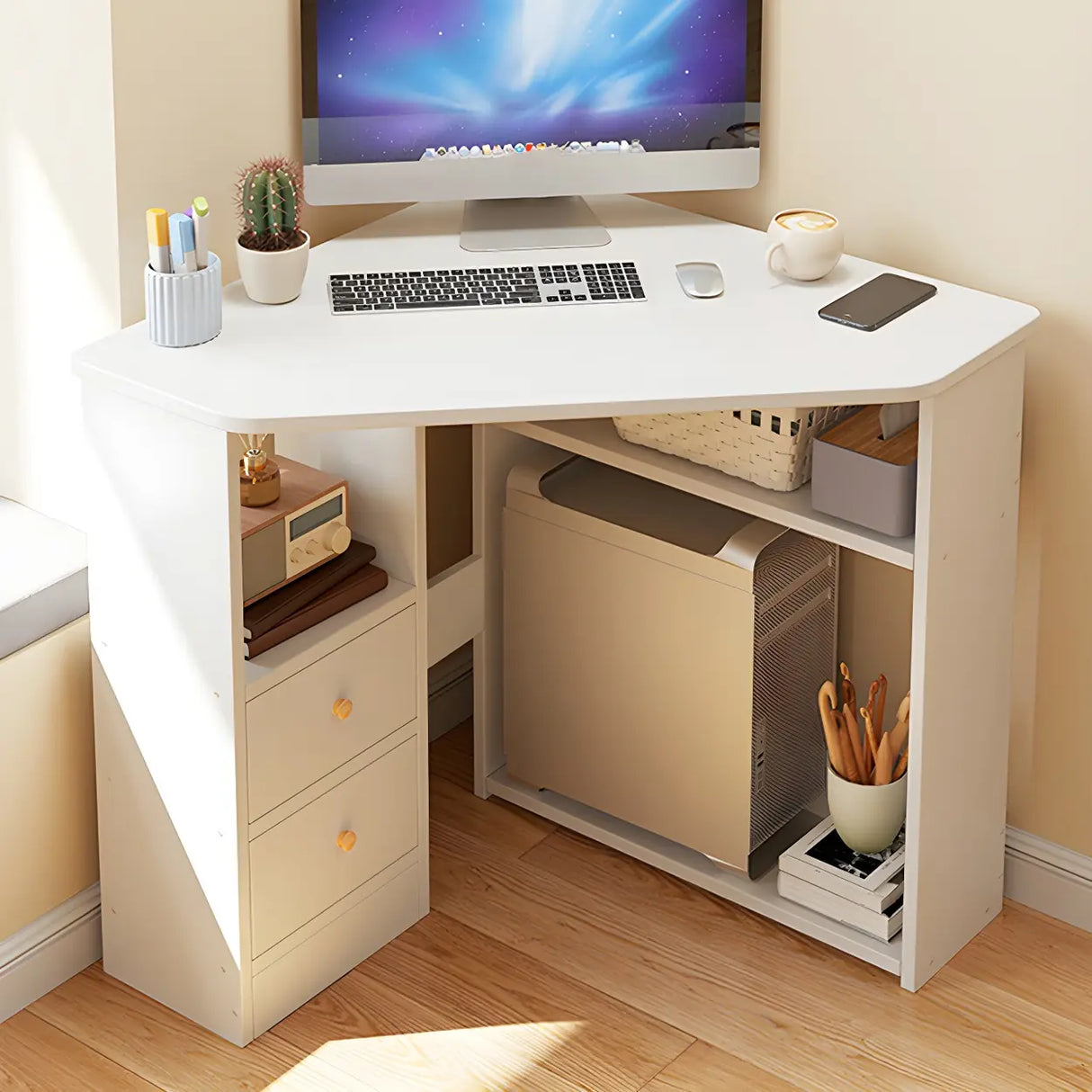 Small Wood Corner Computer Desk with Exterior Shelf Image - 3