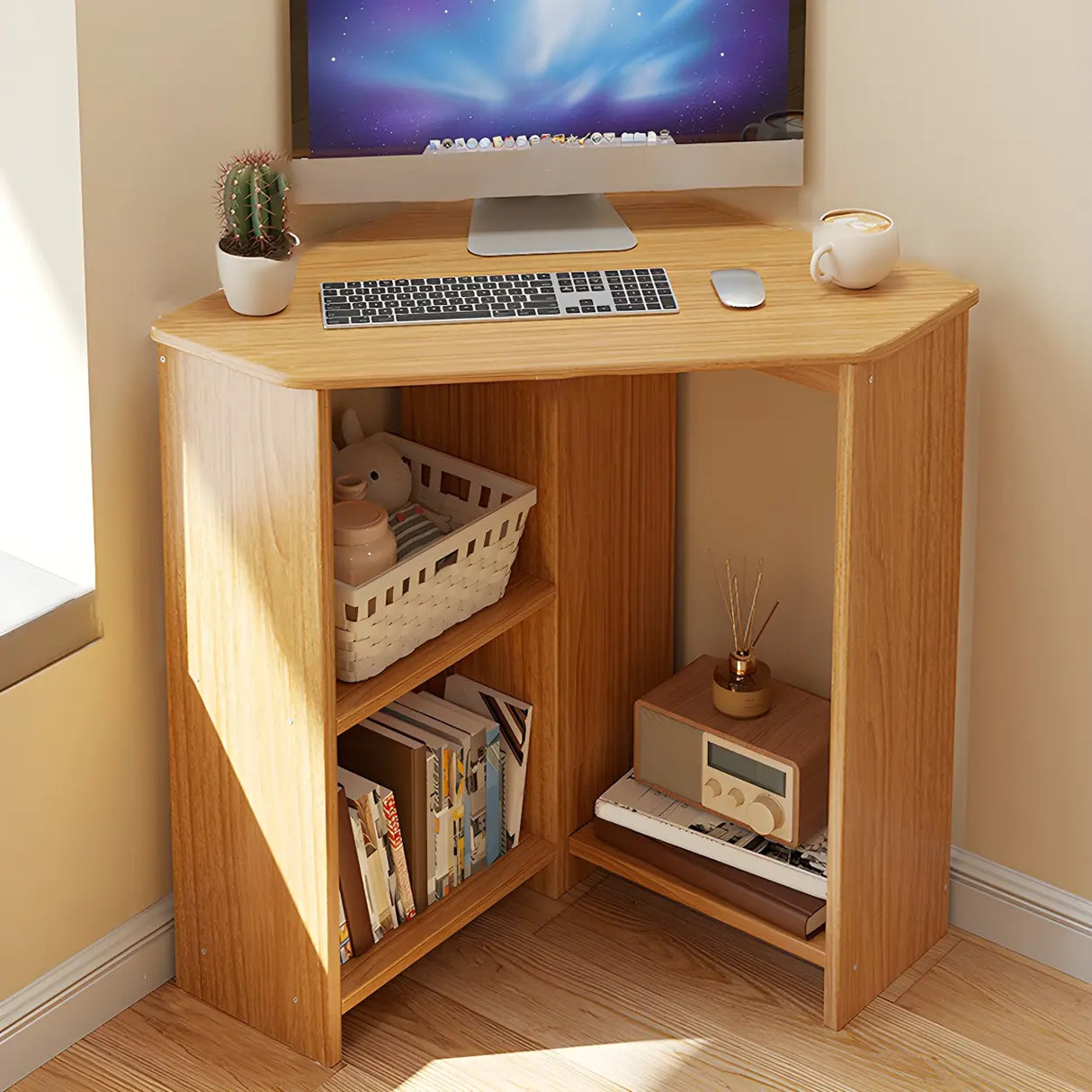 Small Wood Corner Computer Desk with Exterior Shelf Image - 4