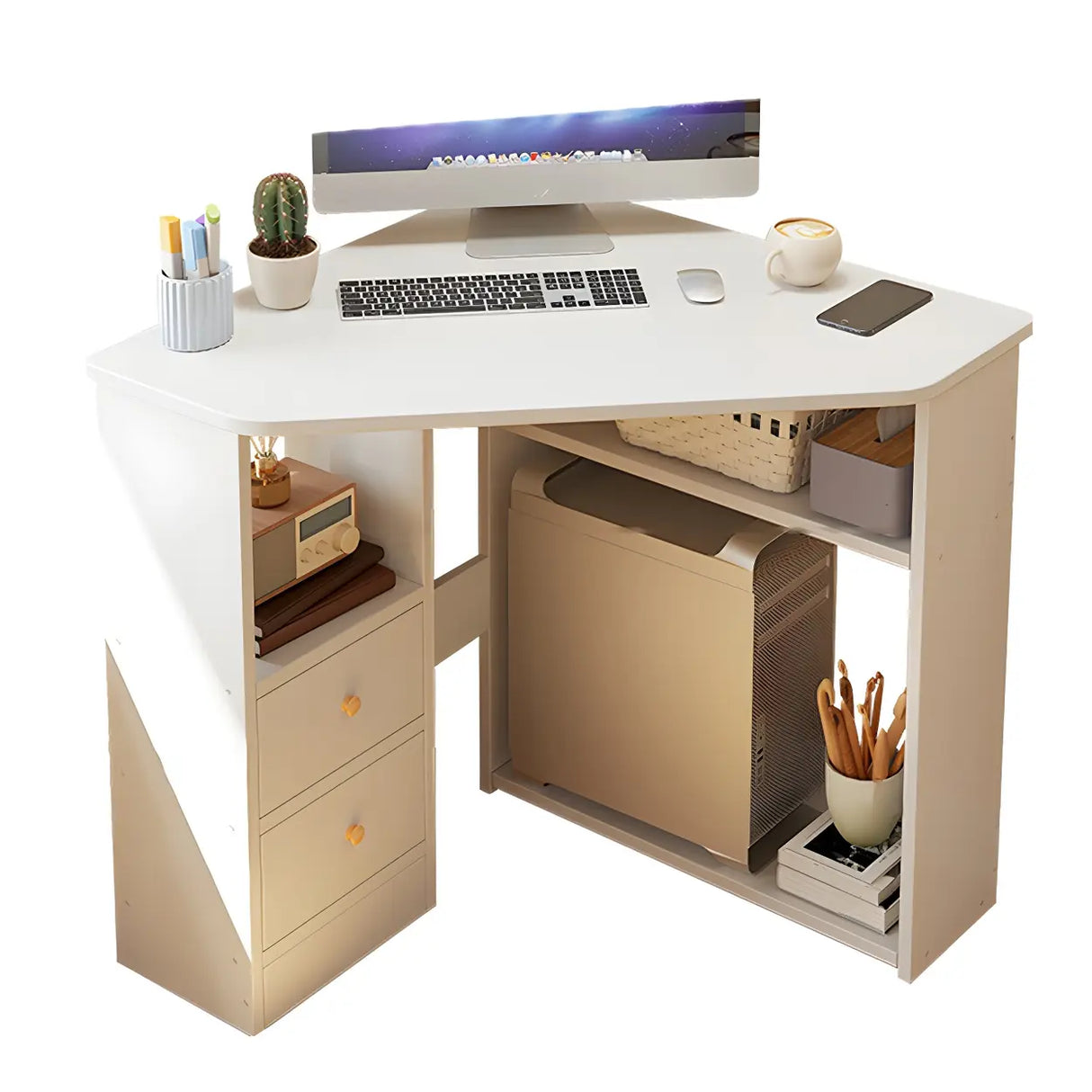Small Wood Corner Computer Desk with Exterior Shelf Image - 5