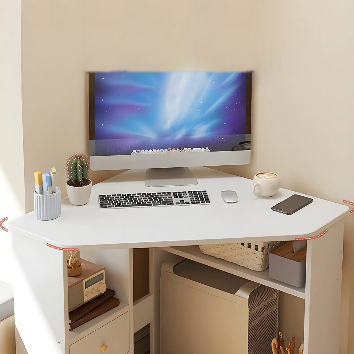 Small Wood Corner Computer Desk with Exterior Shelf Image - 6