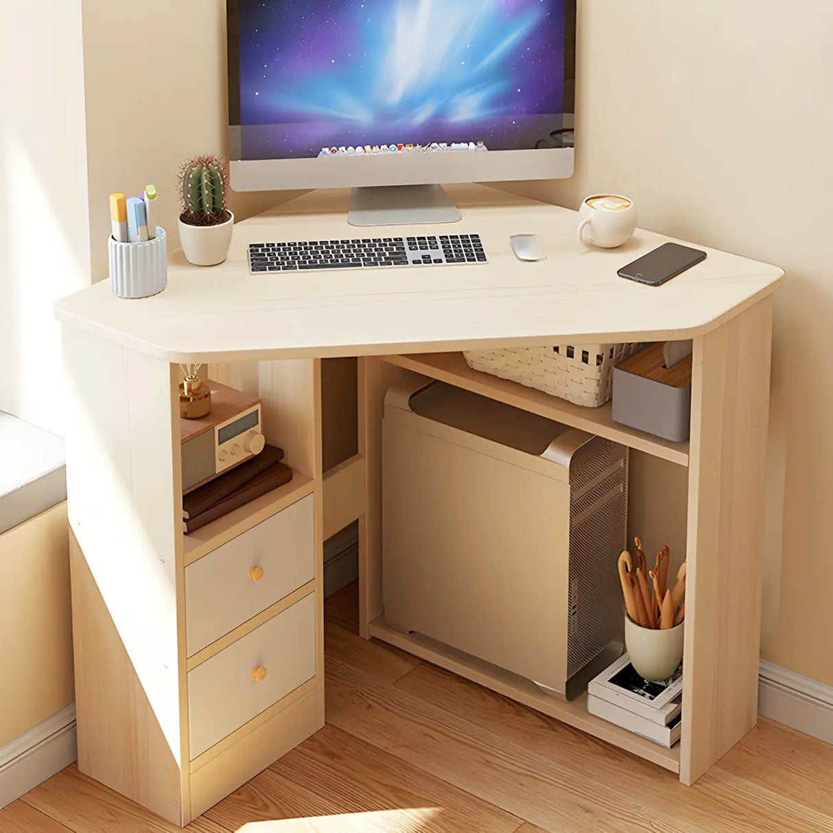 Small Wood Corner Computer Desk with Exterior Shelf Image - 9