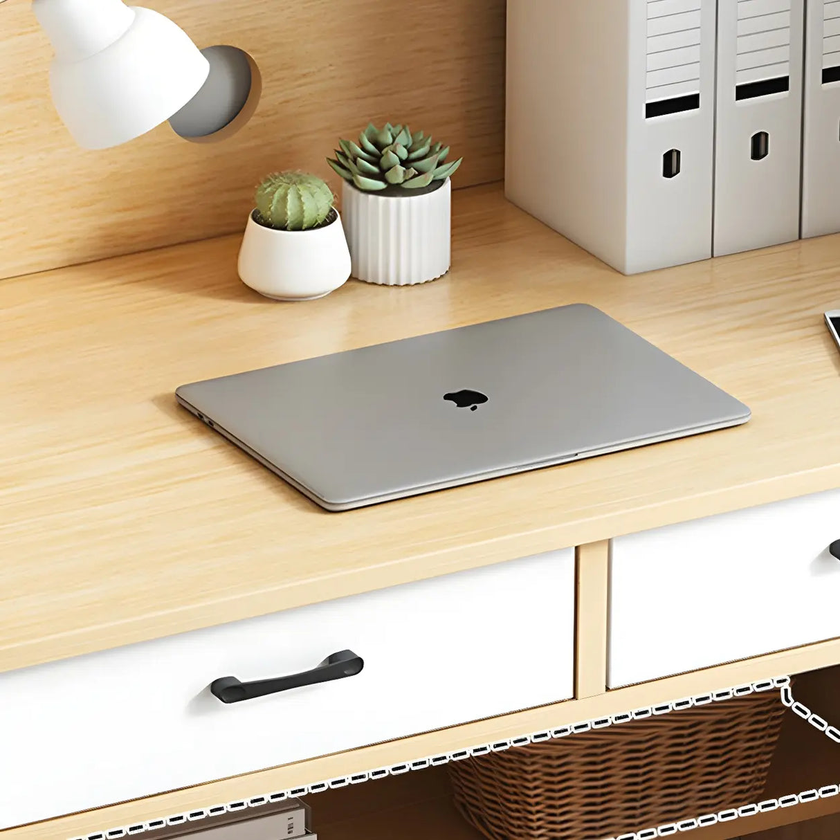 Small Wood H-Shape Base Credenza Desk with Hutch Image - 11