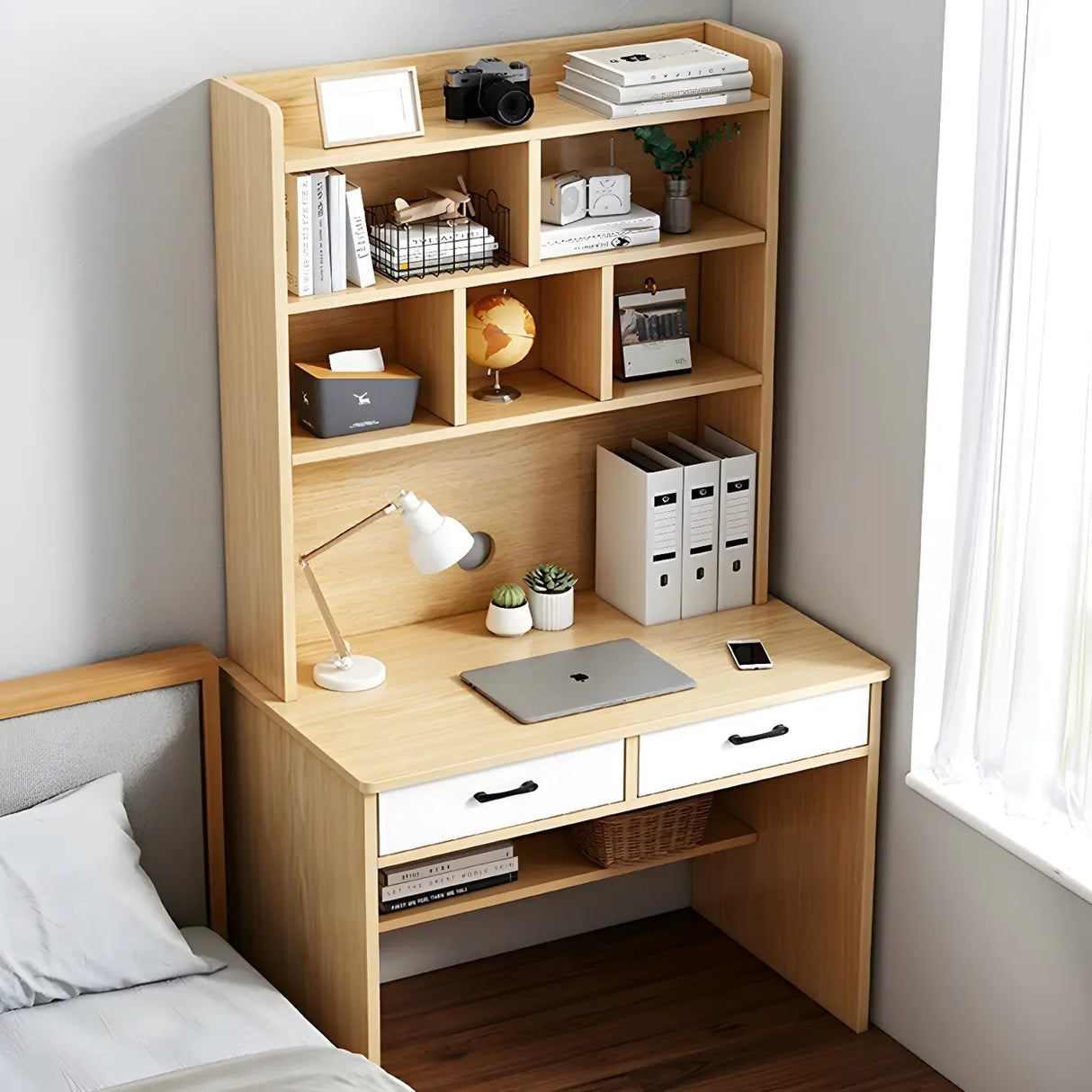 Small Wood H-Shape Base Credenza Desk with Hutch Image - 2