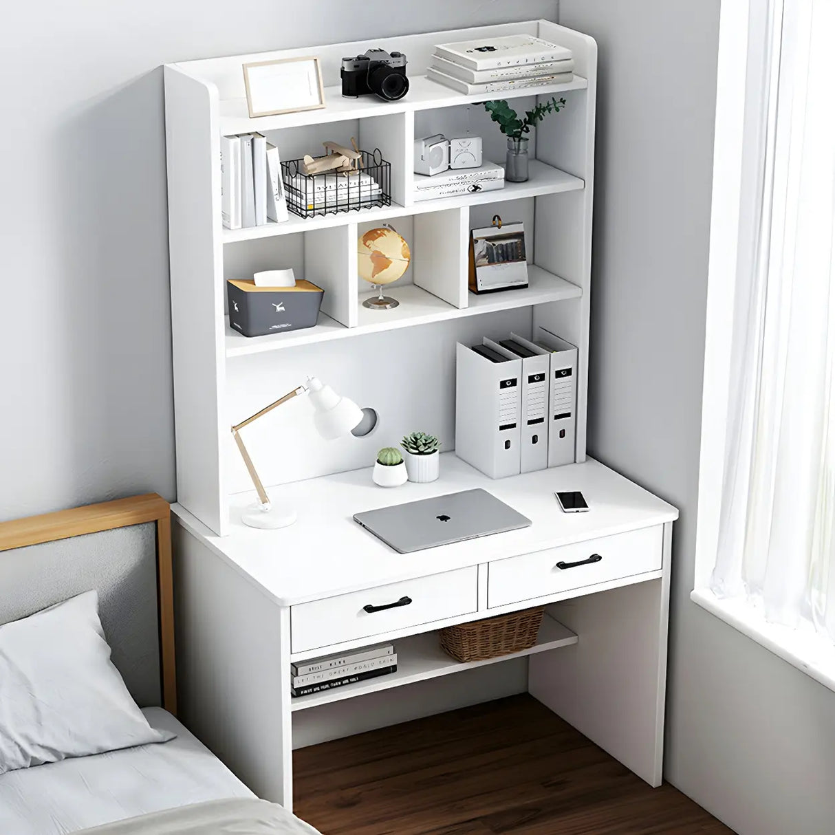 Small Wood H-Shape Base Credenza Desk with Hutch Image - 3