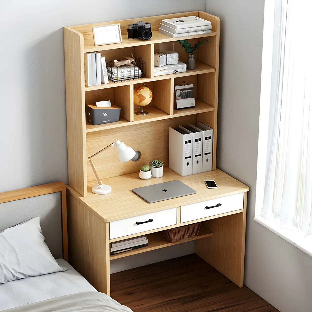 Small Wood H-Shape Base Credenza Desk with Hutch Image - 4