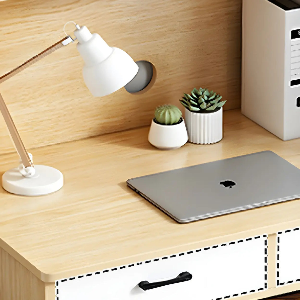 Small Wood H-Shape Base Credenza Desk with Hutch Image - 9