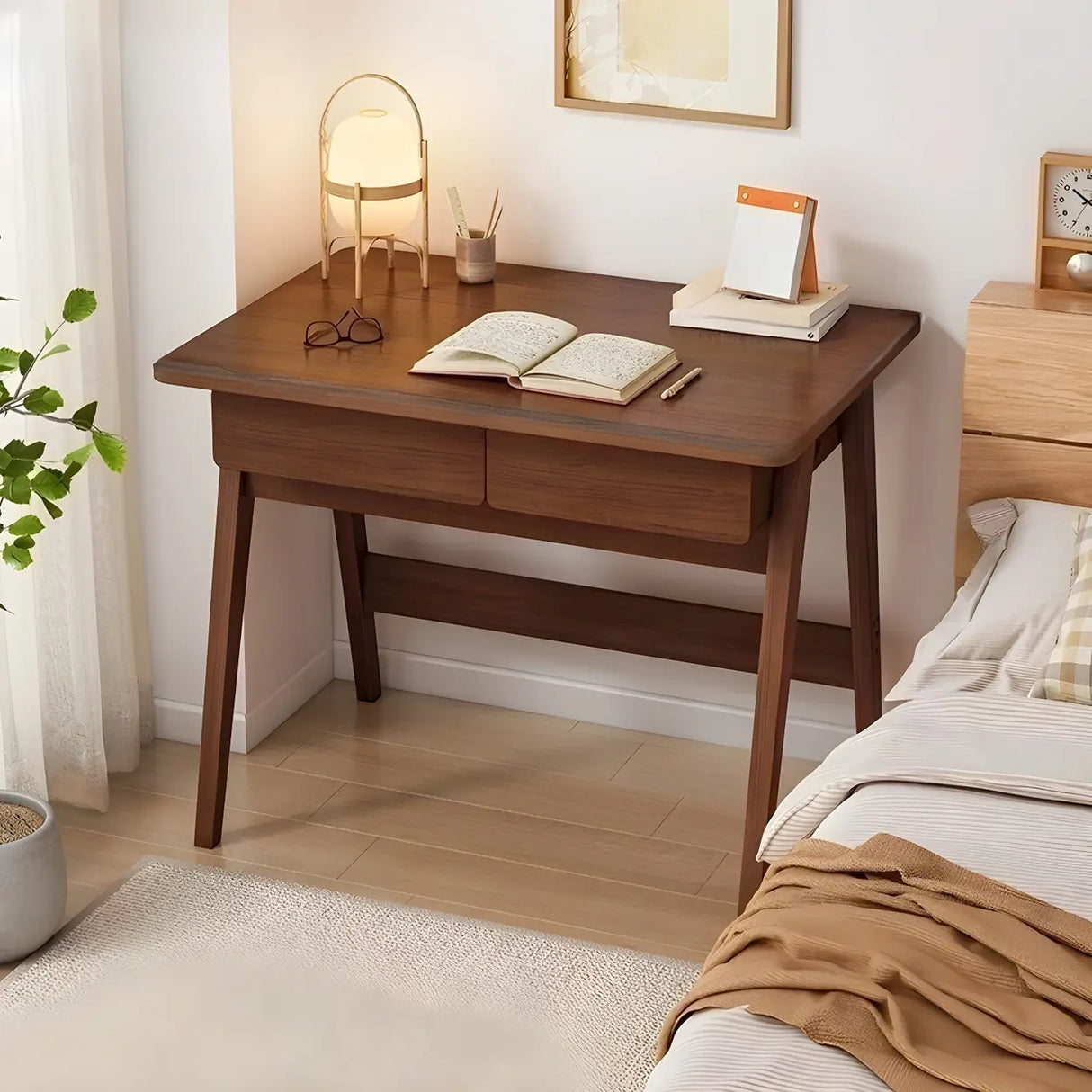 Small Wood Writing Desk with Drawers and Exterior Shelf Image - 15