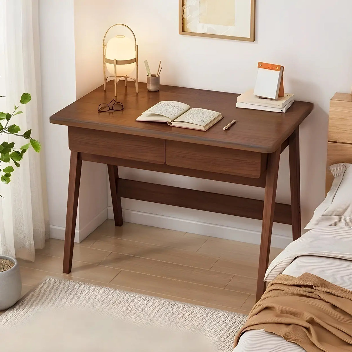 Small Wood Writing Desk with Drawers and Exterior Shelf Image - 17