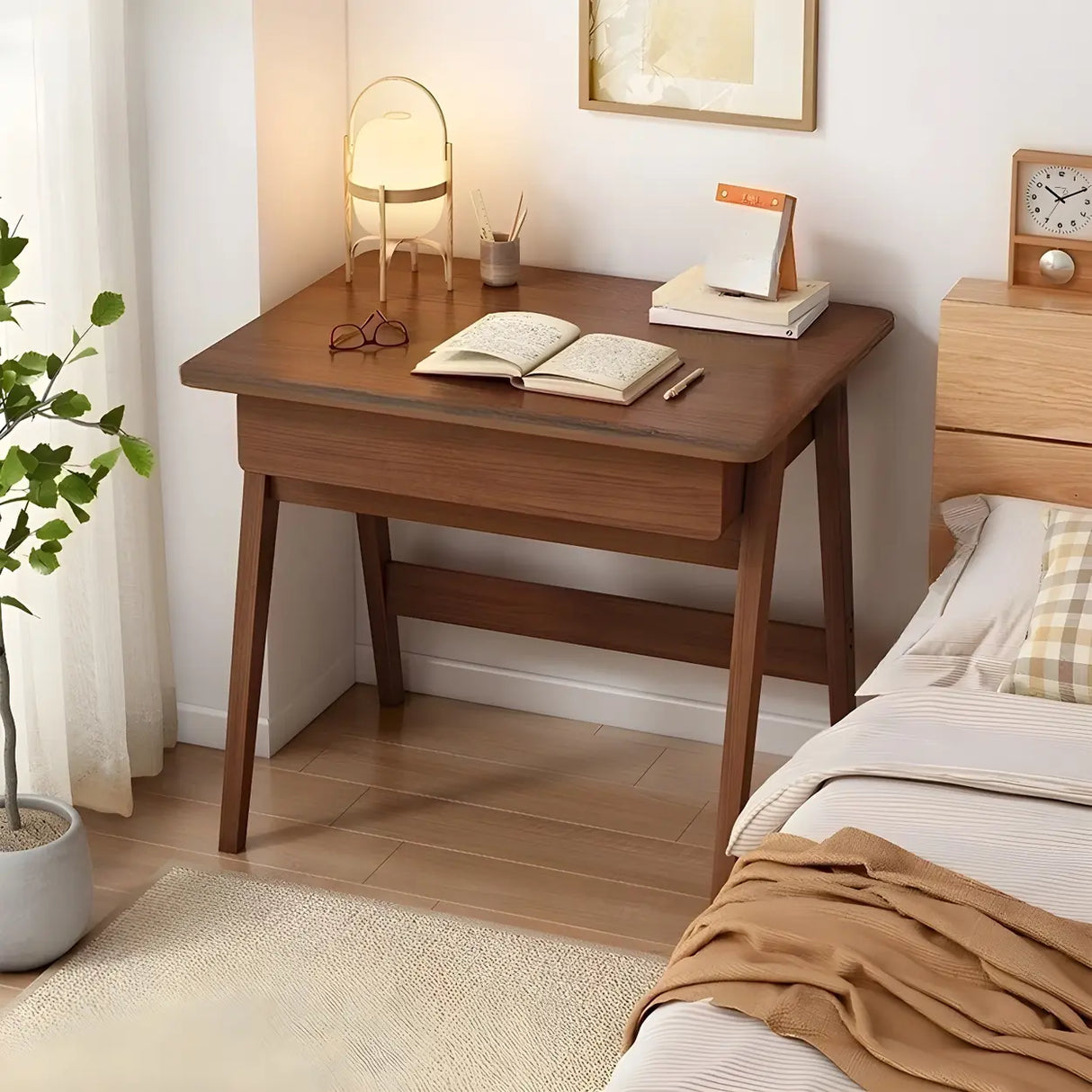 Small Wood Writing Desk with Drawers and Exterior Shelf Image - 19