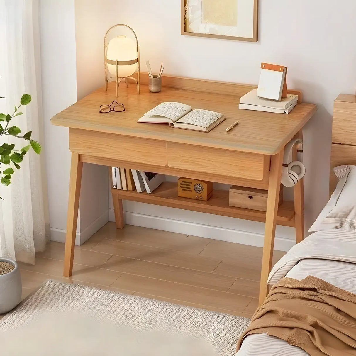 Small Wood Writing Desk with Drawers and Exterior Shelf Image - 20