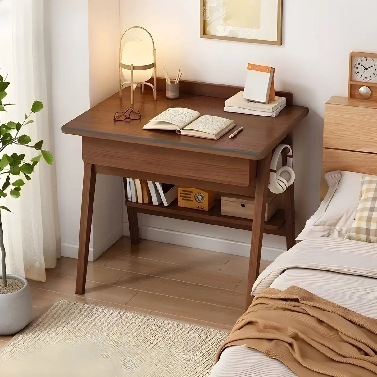 Small Wood Writing Desk with Drawers and Exterior Shelf Image - 21