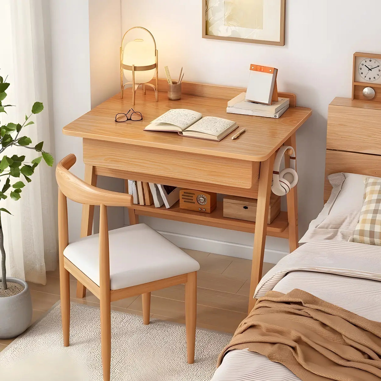 Small Wood Writing Desk with Drawers and Exterior Shelf Image - 1