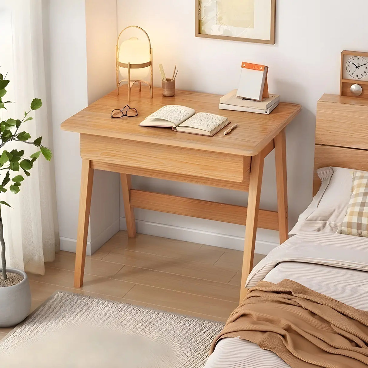 Small Wood Writing Desk with Drawers and Exterior Shelf Image - 5