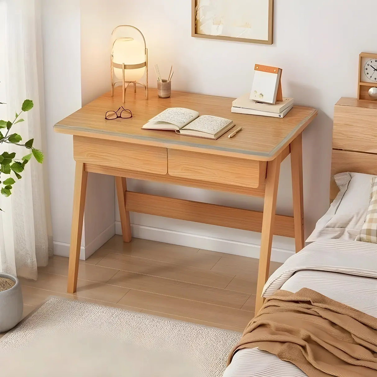 Small Wood Writing Desk with Drawers and Exterior Shelf Image - 2