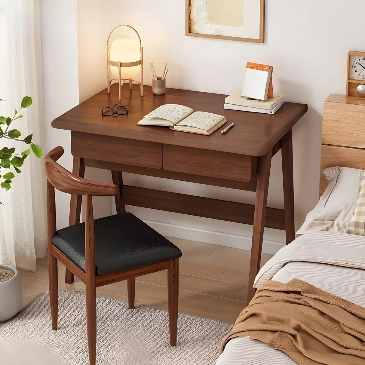 Small Wood Writing Desk with Drawers and Exterior Shelf Image - 6