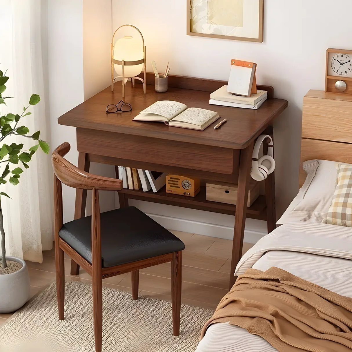 Small Wood Writing Desk with Drawers and Exterior Shelf Image - 3