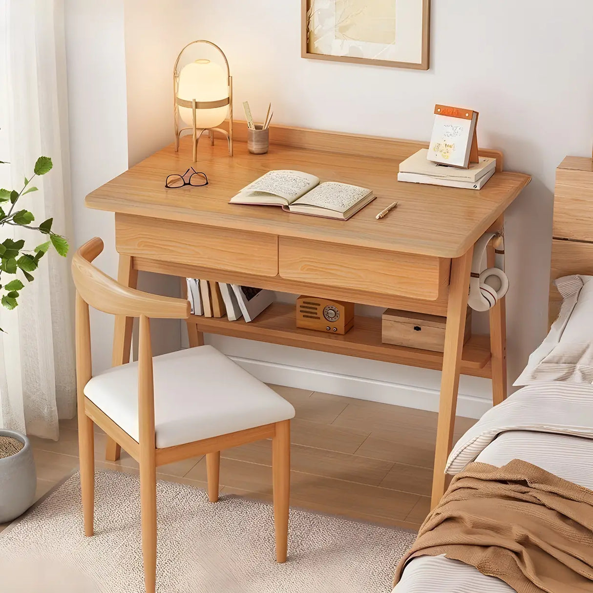 Small Wood Writing Desk with Drawers and Exterior Shelf Image - 7