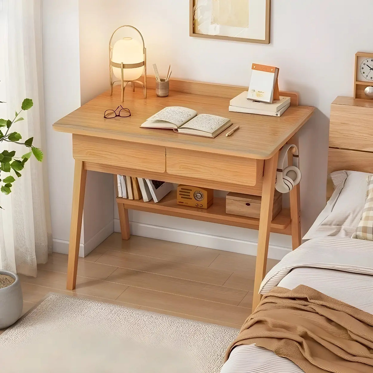 Small Wood Writing Desk with Drawers and Exterior Shelf Image - 8