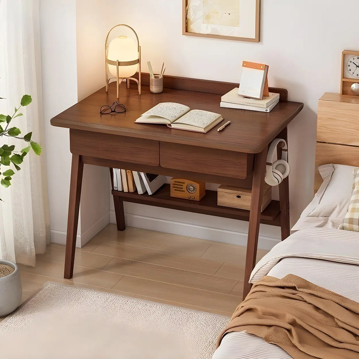 Small Wood Writing Desk with Drawers and Exterior Shelf Image - 4