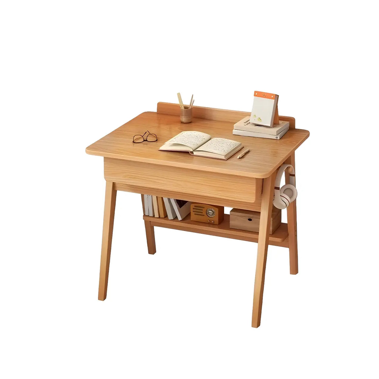 Small Wood Writing Desk with Drawers and Exterior Shelf Image - 9