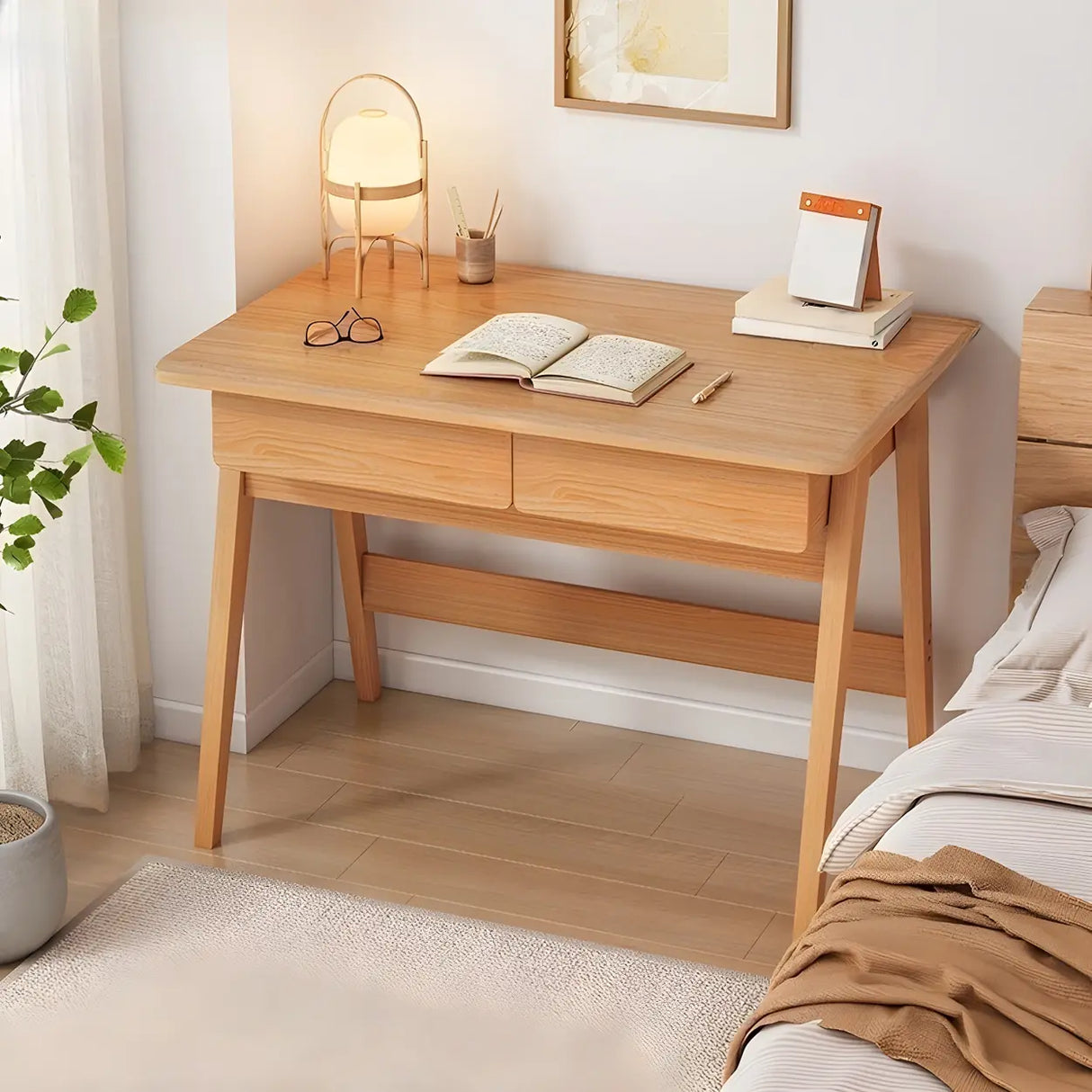 Small Wood Writing Desk with Drawers and Exterior Shelf Image - 10